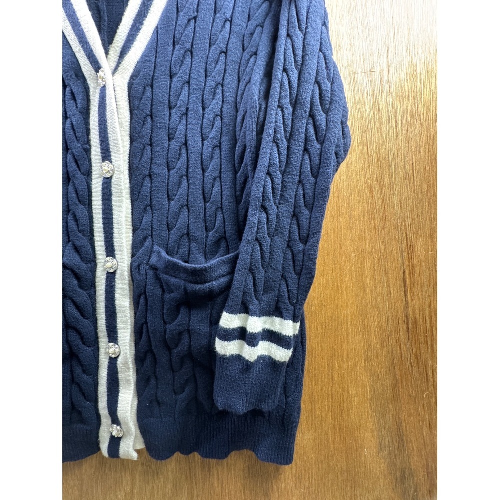 Fashion Nova Cardigan Sweater Womens Size M Navy Blue Cable Knit Varsity Stripe - Picture 6 of 10